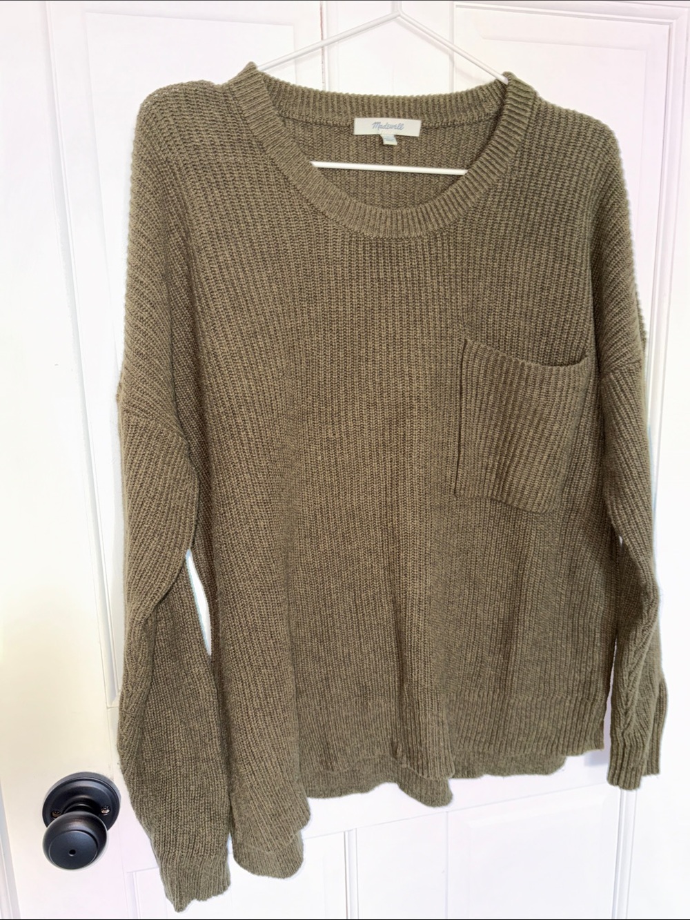 Madewell Olive Ribbed Crewneck Sweater with Chest Pocket